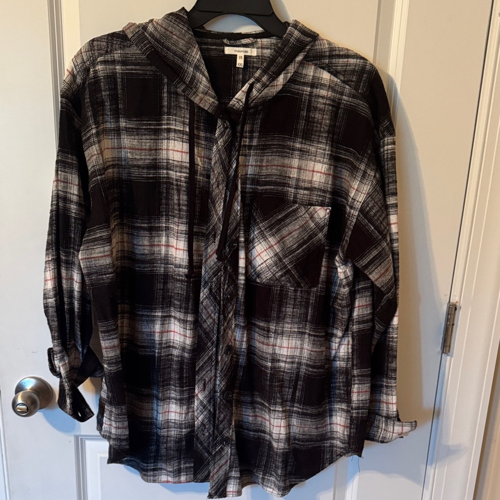Maurices Black and White Plaid Hooded Button Down Shacket